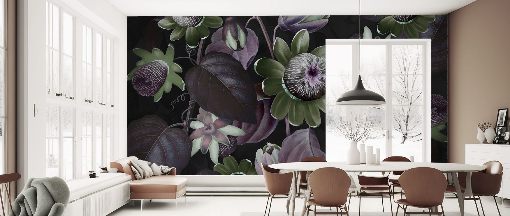 Delicate artistry enhances Passifloras Emerging Green Wallpaper, presenting blossoms through vibrant tones. Bedrooms and living rooms resonate with charm, refinement, and sophistication, surrounding interiors with balance, resonance, and timeless elegance