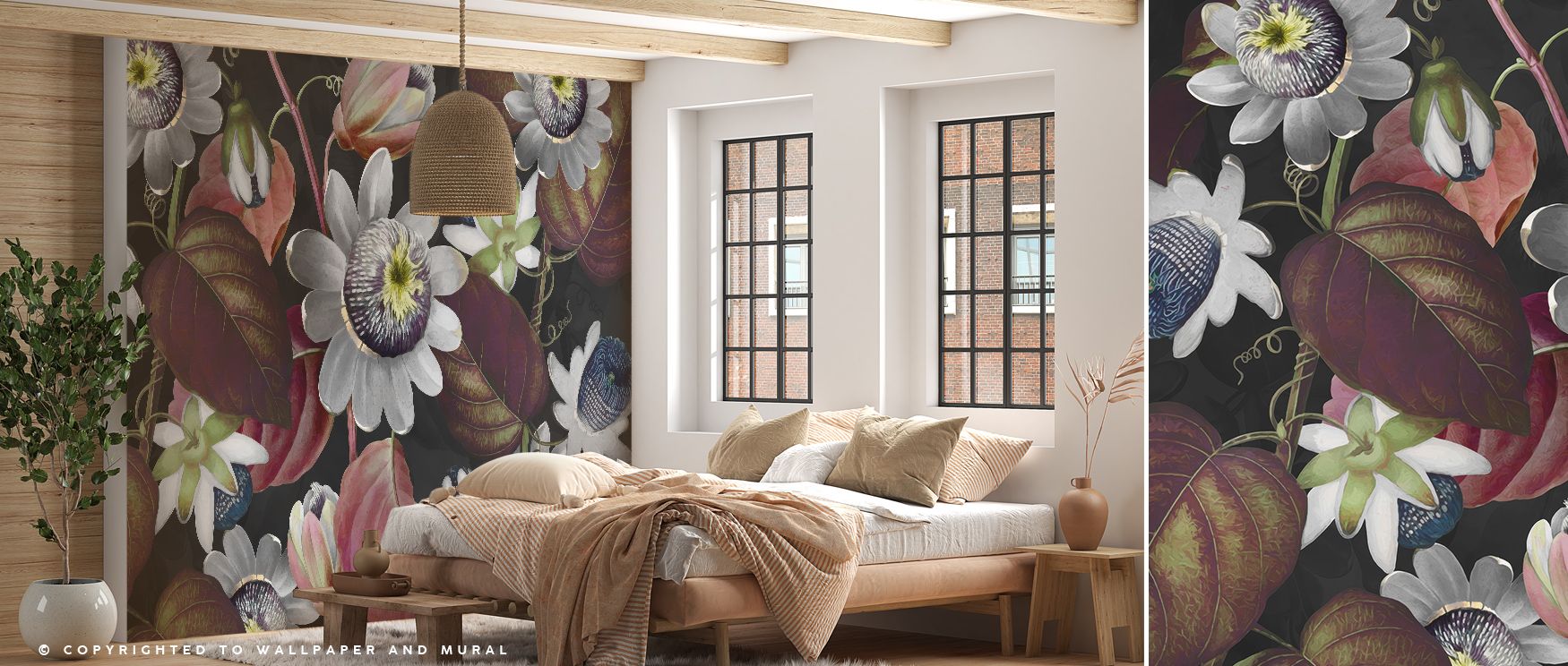 Blossoms glow in Passifloras Emerging Red Wallpaper, presenting floral artistry through vibrant tones. Bedrooms and living rooms are enriched with charm, resonance, and balance, surrounding interiors with timeless resonance, sophistication, and vitality t
