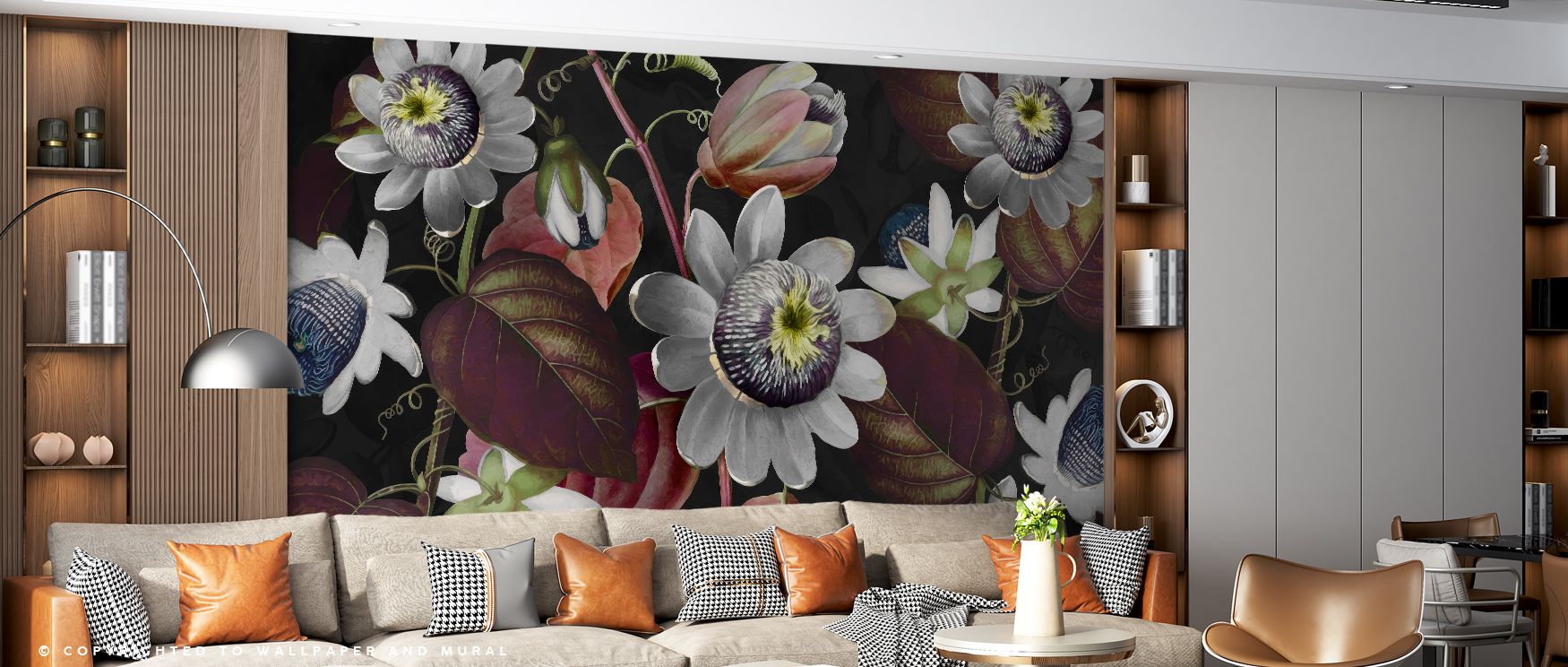 Artistic resonance appears in Passifloras Emerging Red Wallpaper, presenting blossoms in radiant tones. Bedrooms and living rooms are enriched with charm, refinement, and balance, surrounding interiors with timeless resonance, elegance, and sophistication