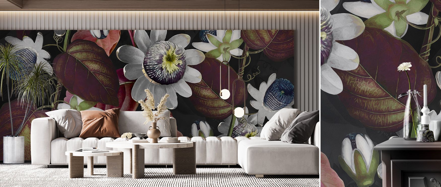 Natural brilliance shines in Passifloras Emerging Red Wallpaper, presenting blossoms in vivid tones. Bedrooms and living rooms are enriched with charm, resonance, and balance, surrounding interiors with timeless resonance, sophistication, and vibrancy tha