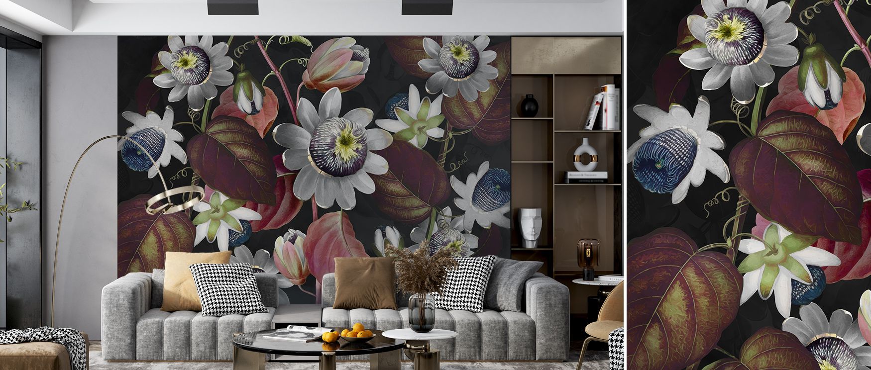 Elegant energy thrives in Passifloras Emerging Red Wallpaper, reflecting blossoms with vibrant artistry. Bedrooms and living rooms are enriched with resonance, refinement, and balance, surrounding interiors with timeless resonance, sophistication, and flo