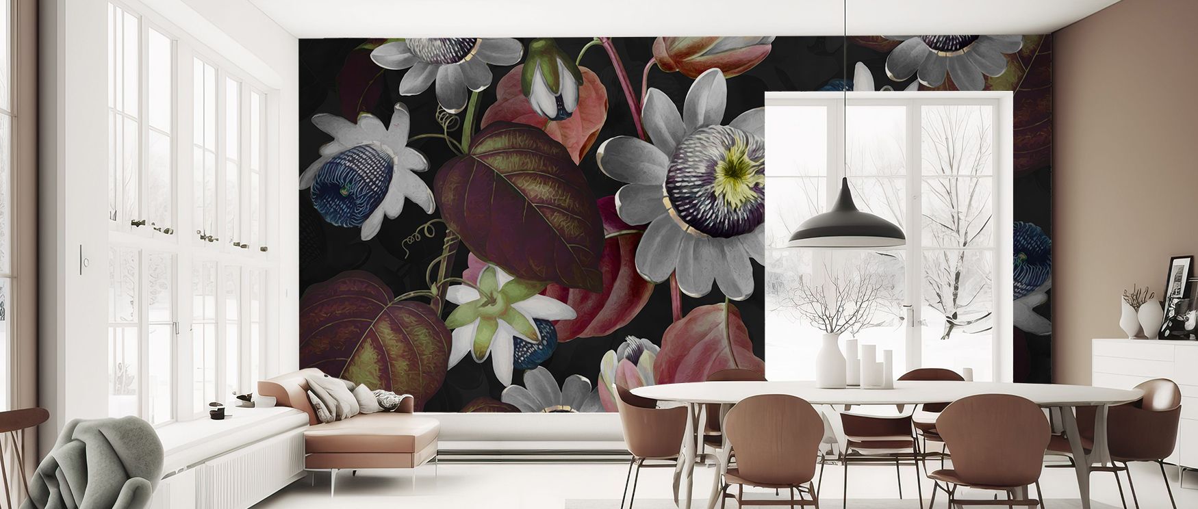 Refined artistry enhances Passifloras Emerging Red Wallpaper, blending blossoms with radiant tones. Bedrooms and living rooms resonate with charm, balance, and timeless resonance, surrounding interiors with sophistication, elegance, and vitality that refl
