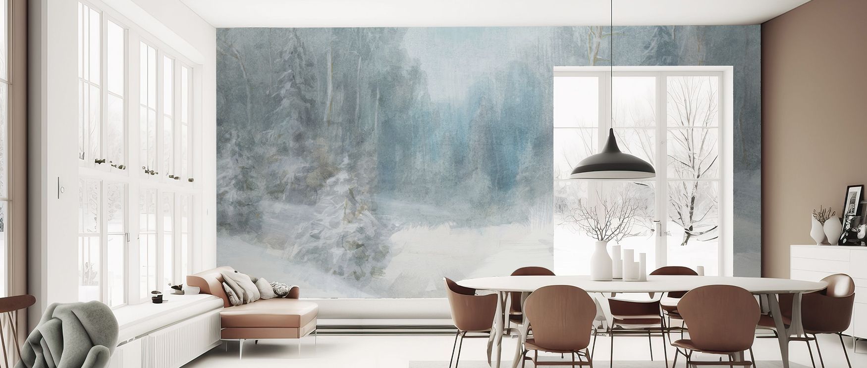 Tranquil harmony thrives in Peaceful Winter Wallpaper, blending soft tones with snowy imagery. Bedrooms and living rooms are enriched with refinement, balance, and sophistication, surrounding interiors with timeless resonance, artistry, and seasonal seren