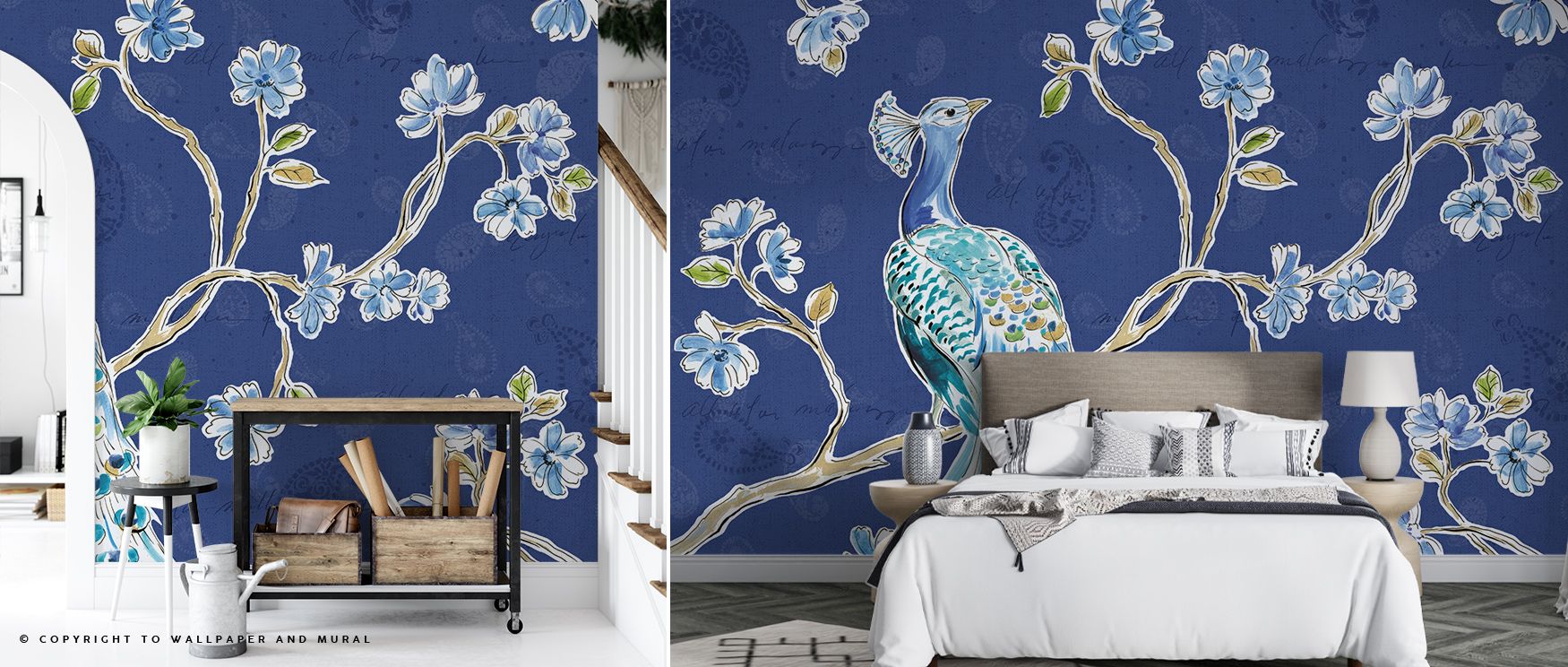 Distinctive symbolism thrives in Peacock Allegory I Blue Wallpaper, blending feathers with luminous tones. Bedrooms and living rooms resonate with refinement, charm, and sophistication, surrounding interiors with resonance, artistry, and timeless resonanc