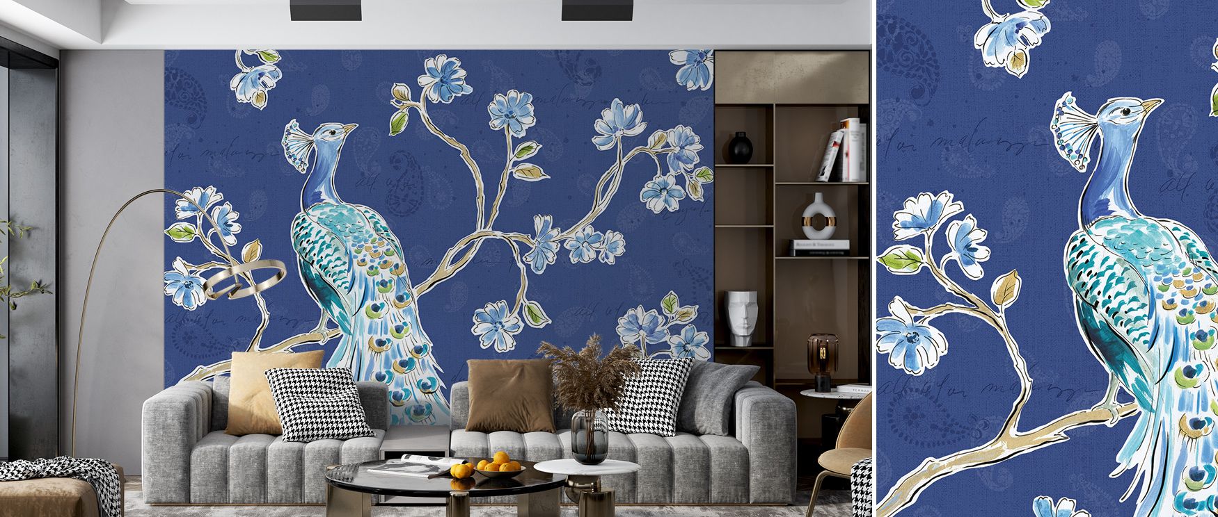 Symbolic artistry is expressed in Peacock Allegory I Blue Wallpaper, presenting feathers in graceful tones. Bedrooms and living rooms are enriched with refinement, charm, and sophistication, surrounding interiors with resonance, balance, and timeless reso