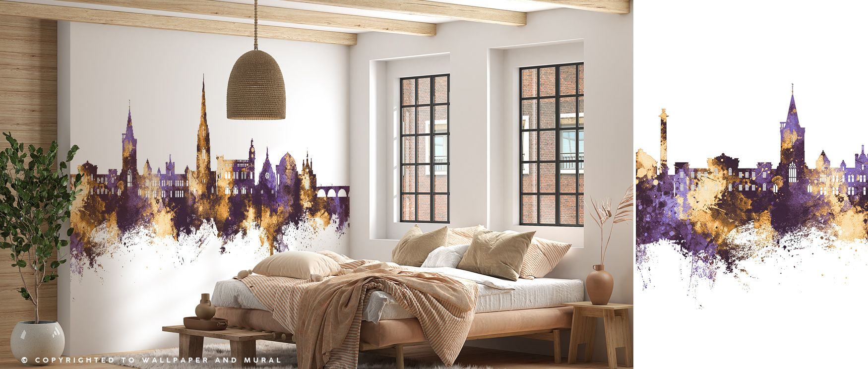 Regal intensity thrives in Perth Scotland Skyline Purple & Gold Wallpaper, presenting landmarks through radiant tones. Bedrooms and living rooms resonate with refinement, charm, and sophistication, surrounding interiors with cultural pride, balance, and t