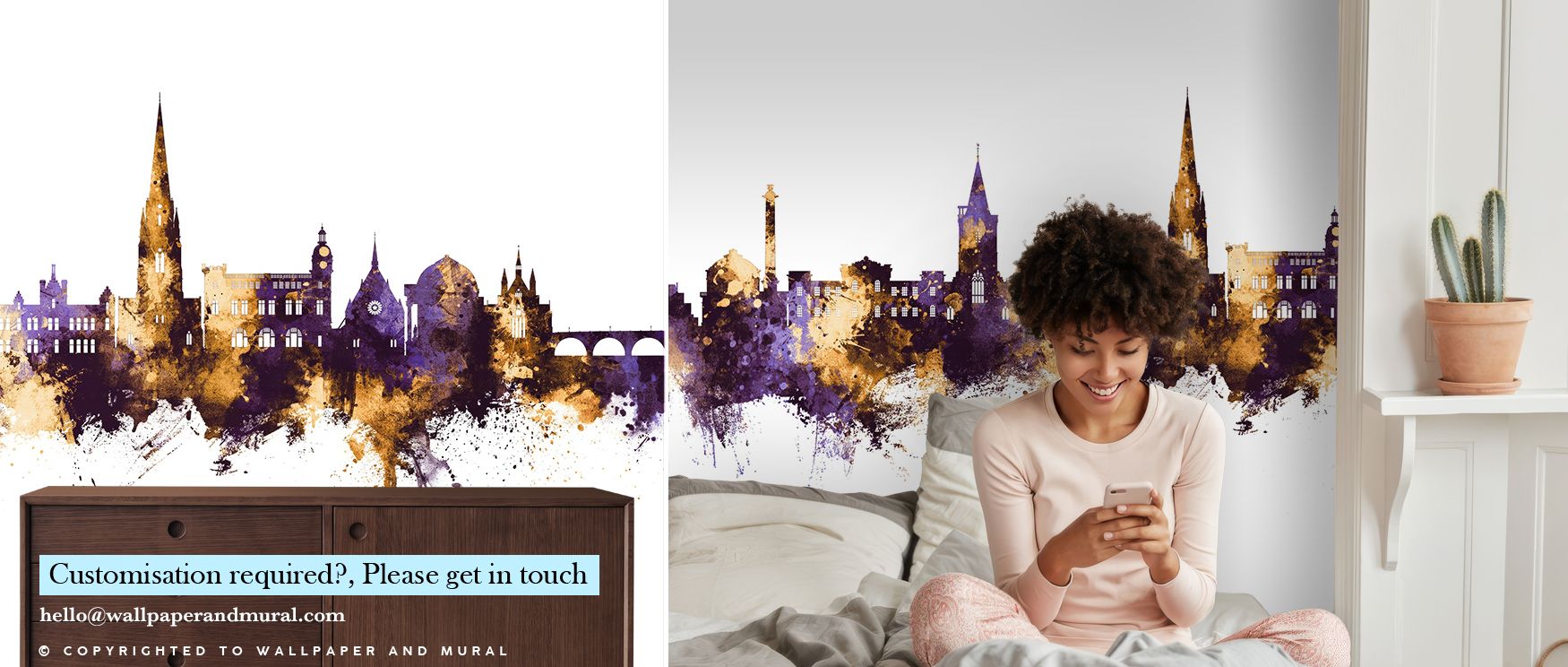 Dramatic tones radiate from Perth Scotland Skyline Purple & Gold Wallpaper, presenting architecture in regal presence. Bedrooms and living rooms are enriched with balance, sophistication, and refinement, surrounding interiors with cultural resonance, arti