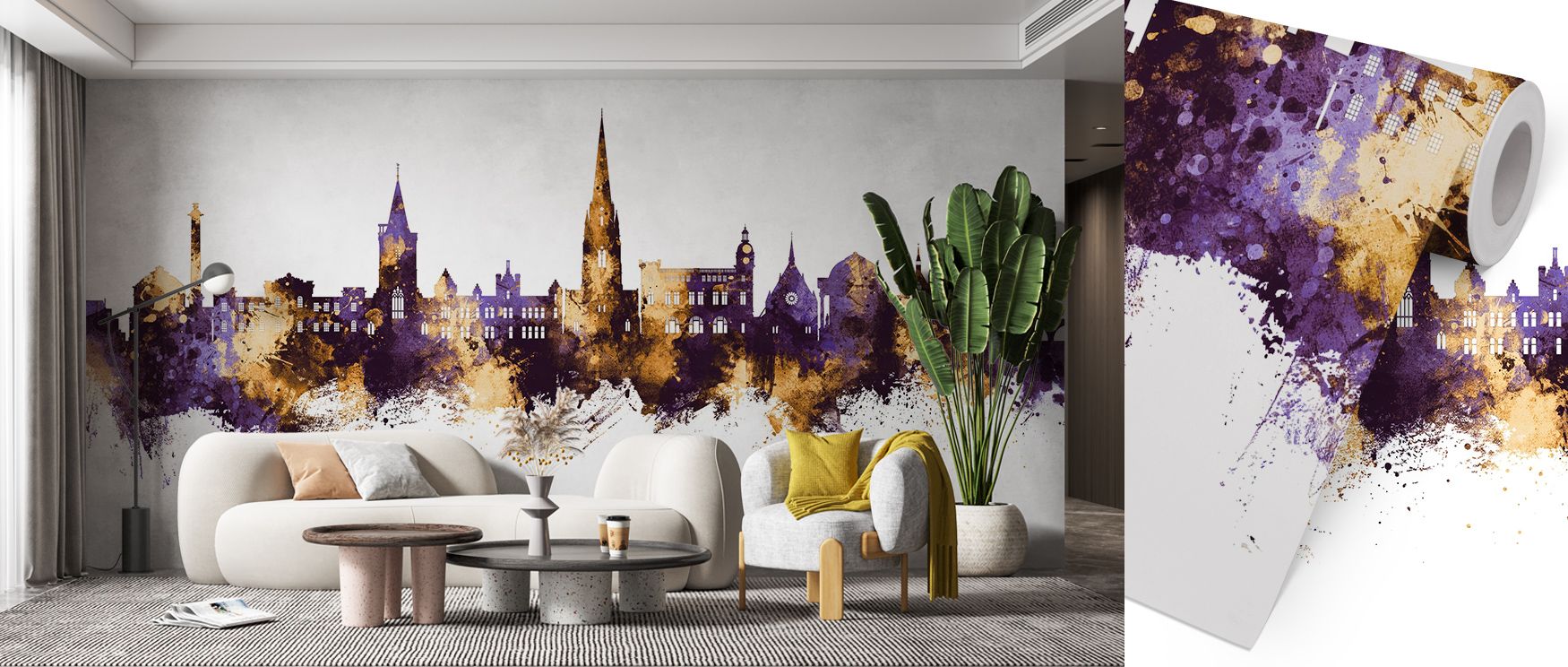Heritage resonance thrives in Perth Scotland Skyline Purple & Gold Wallpaper, blending radiant tones with cultural depth. Bedrooms and living rooms are enriched with refinement, balance, and sophistication, surrounding interiors with regal presence, artis