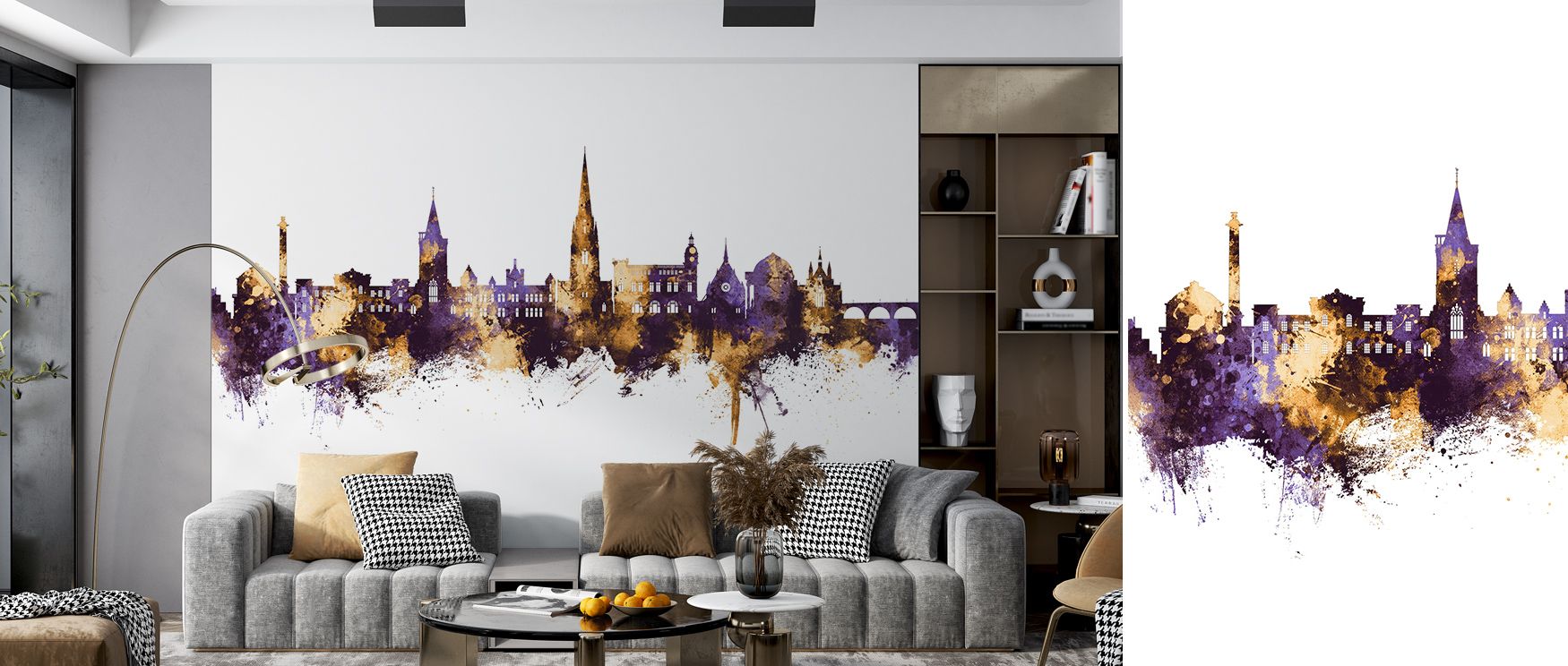 Radiant harmony appears in Perth Scotland Skyline Purple & Gold Wallpaper, presenting landmarks with regal artistry. Bedrooms and living rooms are enriched with sophistication, resonance, and balance, surrounding interiors with cultural pride, charm, and 
