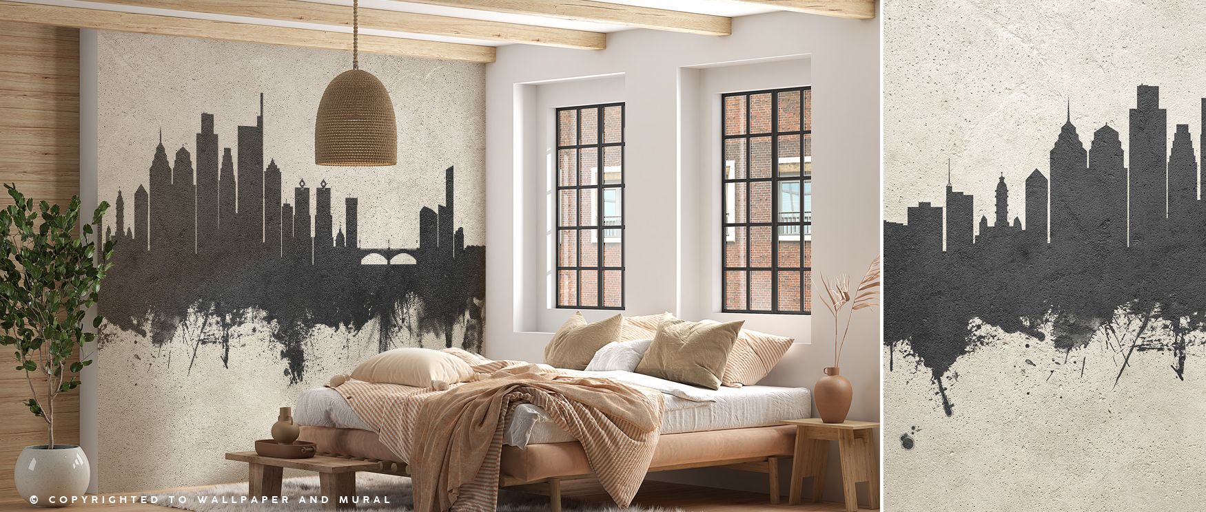 Sleek artistry flourishes in Philadelphia Skyline Concrete Wallpaper, blending concrete tones with architectural presence. Bedrooms and living rooms are enriched with resonance, refinement, and balance, surrounding interiors with sophistication, cultural 