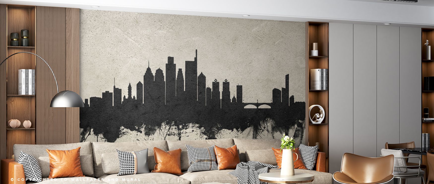 Bold presence emerges in Philadelphia Skyline Concrete Wallpaper, presenting landmarks in strong tones. Bedrooms and living rooms are enriched with refinement, balance, and sophistication, surrounding interiors with urban resonance, artistry, and timeless