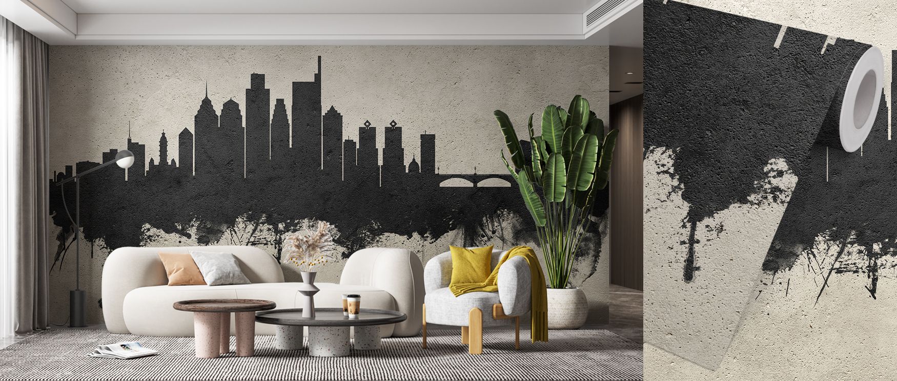 Cultural artistry thrives in Philadelphia Skyline Concrete Wallpaper, presenting silhouettes in sleek tones. Bedrooms and living rooms resonate with balance, refinement, and sophistication, surrounding interiors with cultural pride, resonance, and timeles