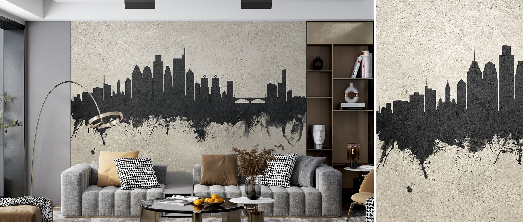 Contemporary brilliance shines in Philadelphia Skyline Concrete Wallpaper, blending silhouettes with concrete tones. Bedrooms and living rooms are enriched with resonance, balance, and sophistication, surrounding interiors with cultural pride, artistry, a