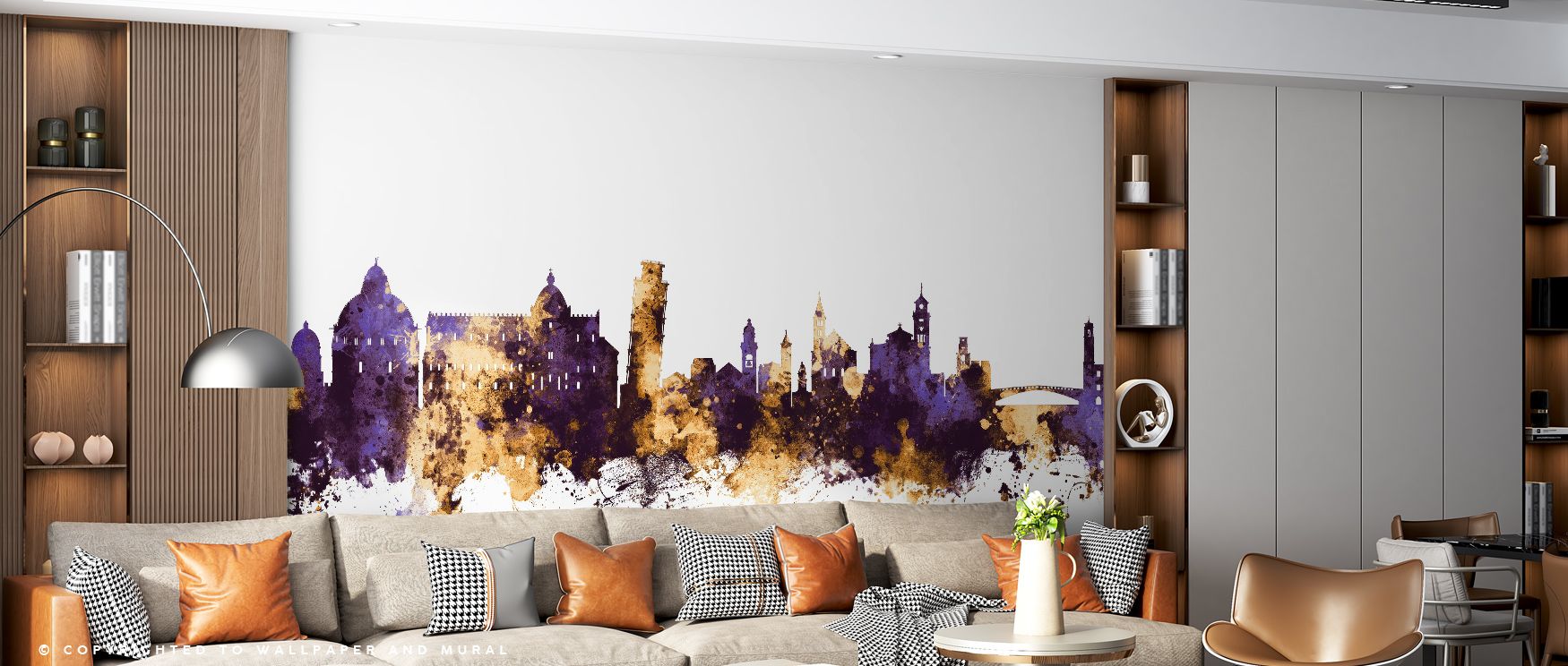 Heritage grandeur thrives in Pisa Italy Skyline Purple & Gold Wallpaper, presenting landmarks with refined artistry. Bedrooms and living rooms are enriched with resonance, charm, and sophistication, surrounding interiors with cultural pride, artistry, and