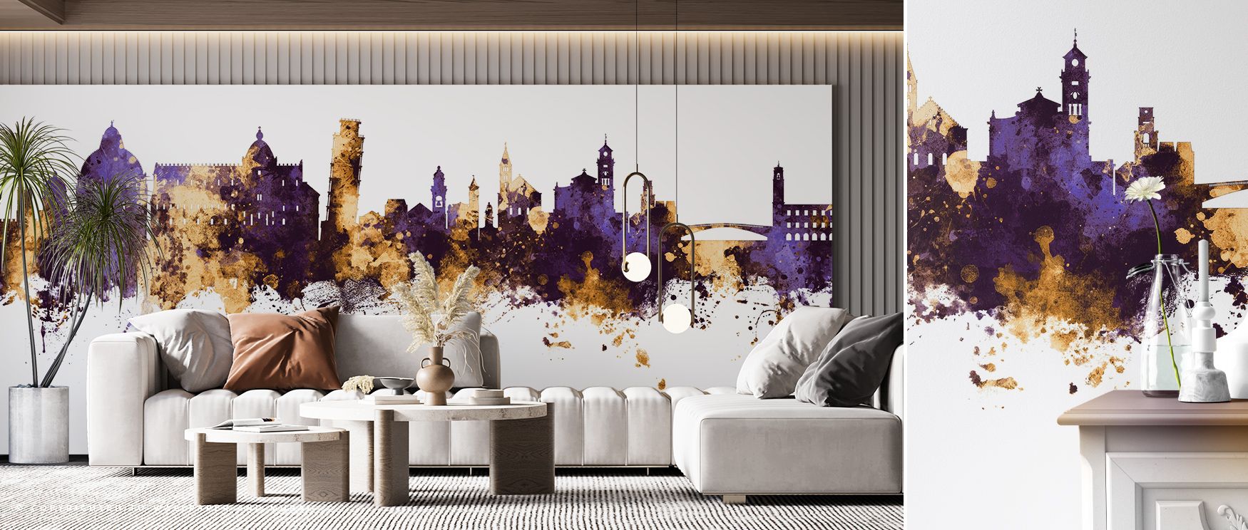 Cultural artistry flourishes in Pisa Italy Skyline Purple & Gold Wallpaper, presenting landmarks with luminous depth. Bedrooms and living rooms resonate with resonance, refinement, and sophistication, surrounding interiors with cultural pride, artistry, a