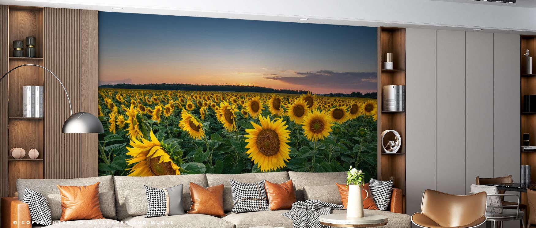 A horizon of blossoms stretches endlessly in the Proud Sunflower Field Wallpaper, petals glowing with warmth while soft green tones balance the composition with calm. The mural conveys both serenity and energy, a union of brightness and stillness that fil