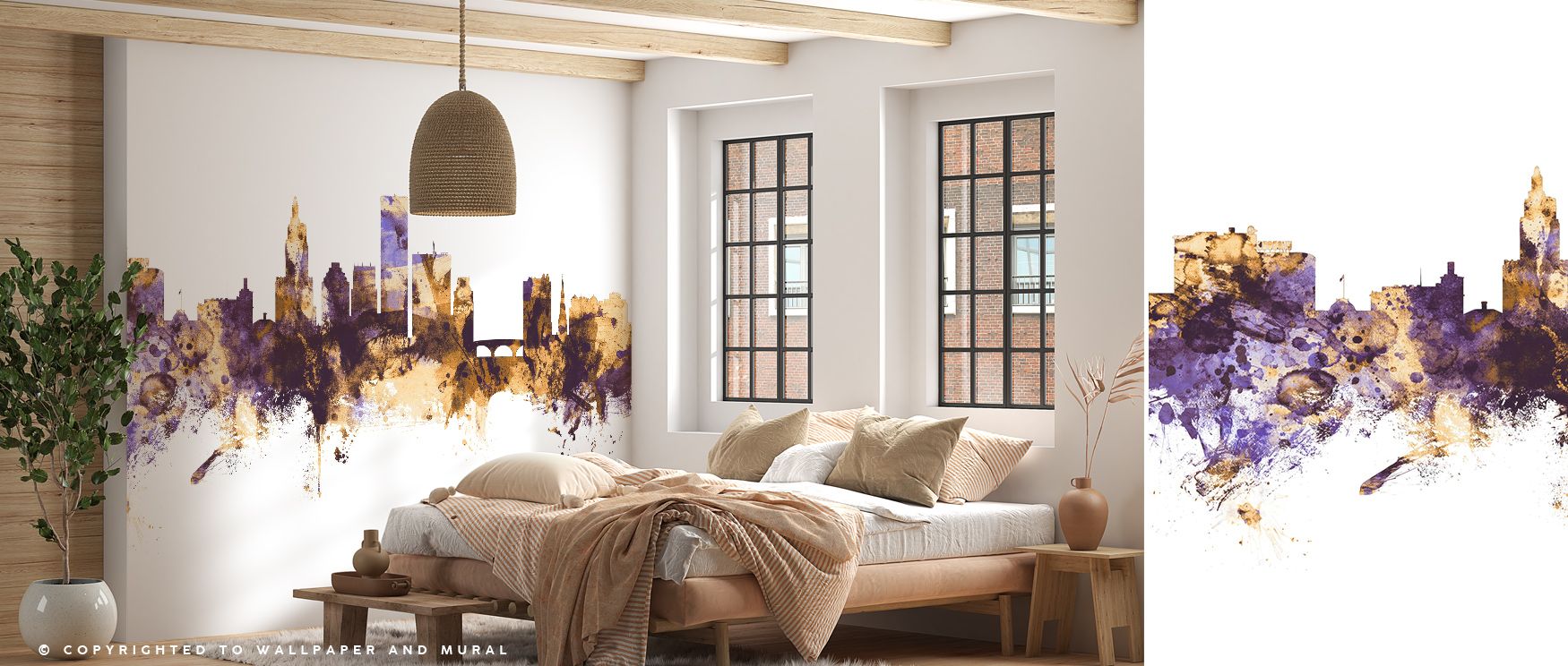 Twilight glows across the Providence Rhode Island Skyline Purple & Gold Wallpaper, where purple tones sweep the horizon and golden highlights define towers with brilliance. Every silhouette feels alive with atmosphere, turning bedrooms or lounges into san