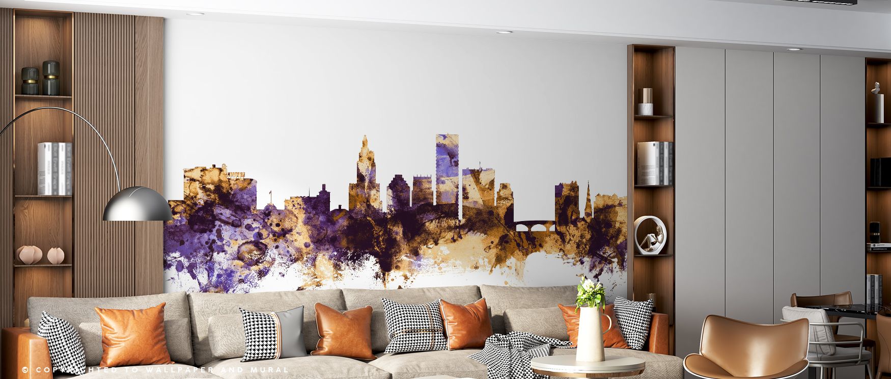 Glowing domes and towers rise within the Providence Rhode Island Skyline Purple & Gold Wallpaper, their golden accents shimmering against velvety purple skies. The design creates drama and romance, ensuring interiors reflect sophistication. Living rooms o