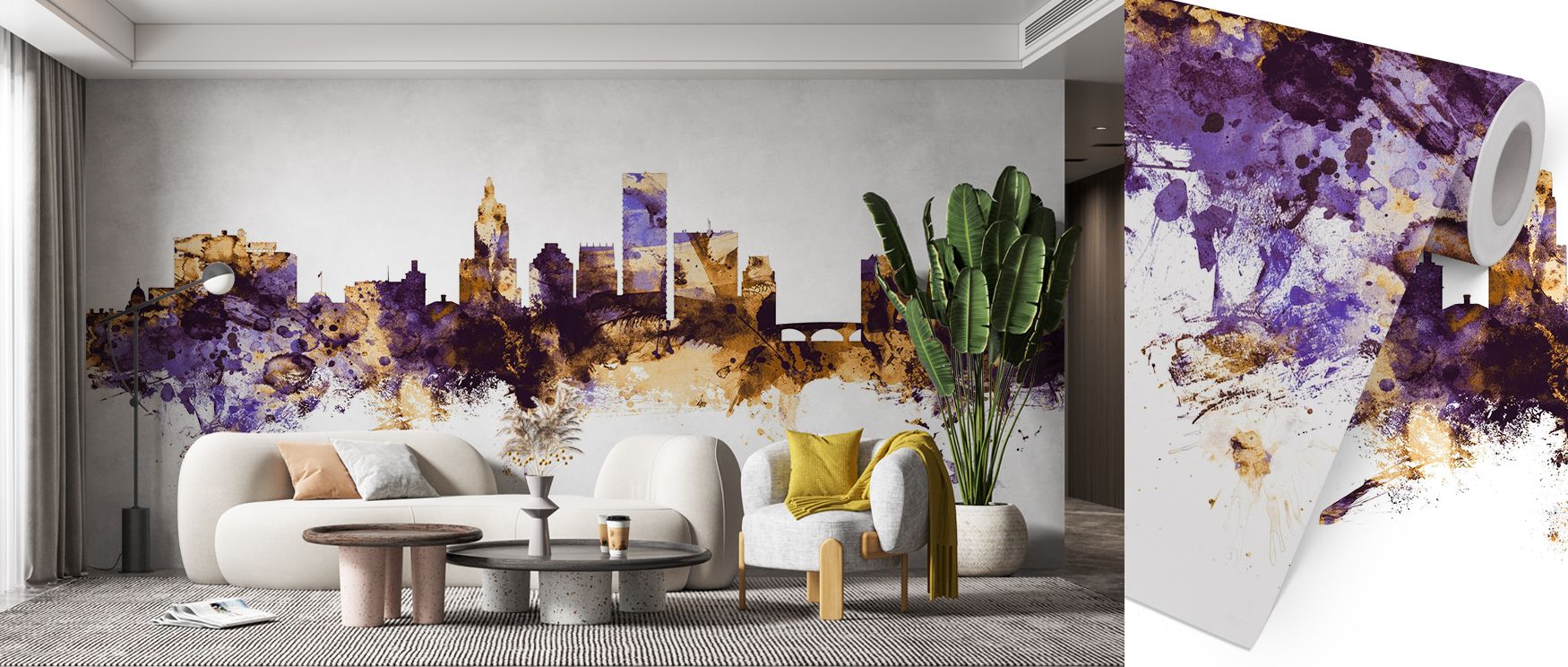 With luminous balance, the Providence Rhode Island Skyline Purple & Gold Wallpaper presents architectural silhouettes glowing against twilight tones. Interiors gain atmosphere enriched by elegance and depth, a mural that transforms living rooms or dining 