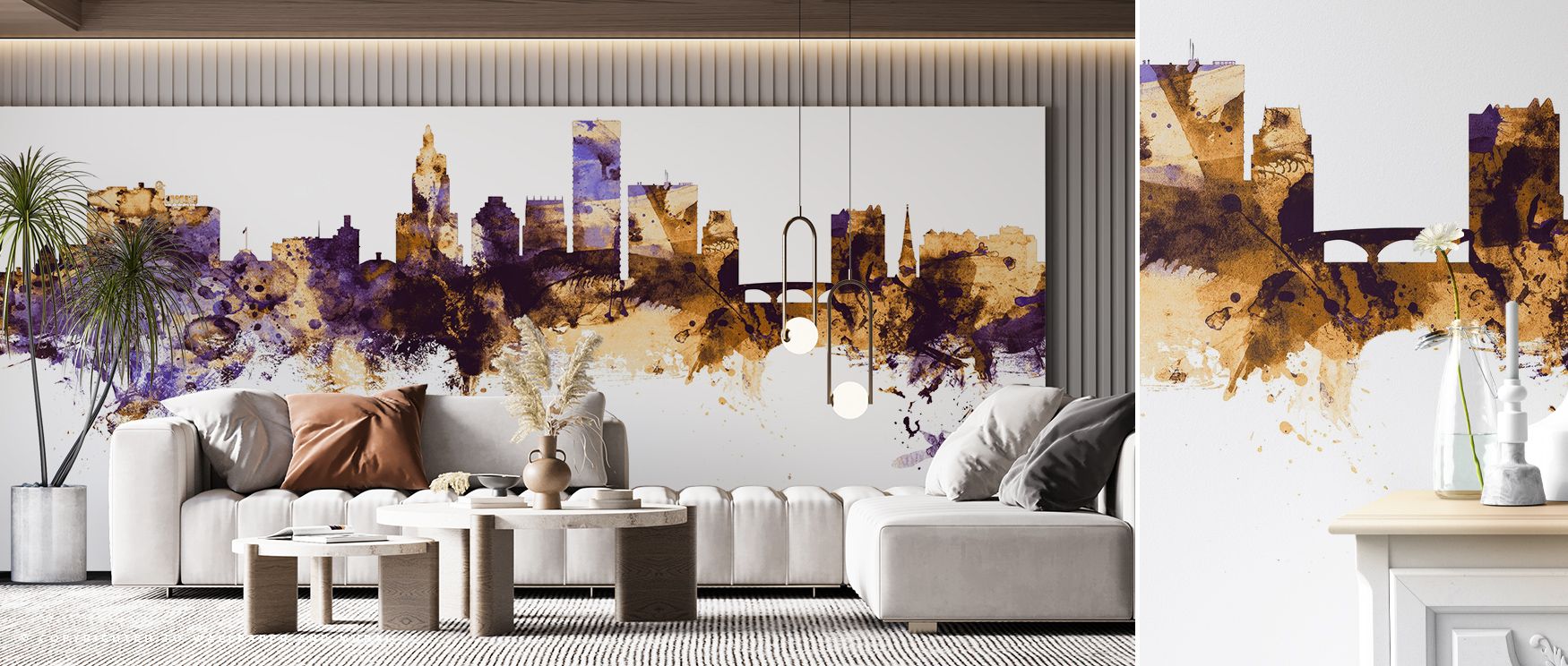 Radiance defines the Providence Rhode Island Skyline Purple & Gold Wallpaper, where towers glisten and purple horizons provide contrast. Each line feels alive with design, making bedrooms or lounges feel elegant. The mural blends artistry, drama, and cult