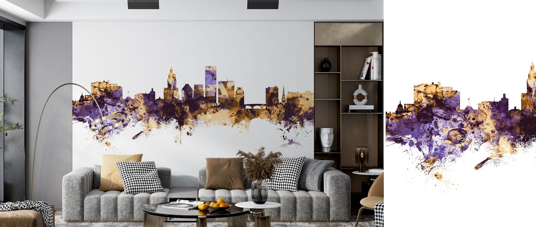 Purple twilight meets golden brilliance in the Providence Rhode Island Skyline Purple & Gold Wallpaper, creating a skyline of refinement and heritage. Interiors touched by this mural glow with elegance, whether in living spaces, refined dining areas, or b