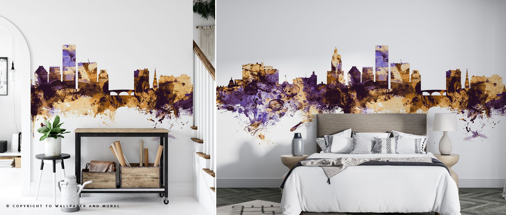Against rich purple skies, golden towers shine in the Providence Rhode Island Skyline Purple & Gold Wallpaper, a mural that balances artistry and strength. Living rooms and lounges gain sophistication and grandeur, as walls embody culture, refinement, and