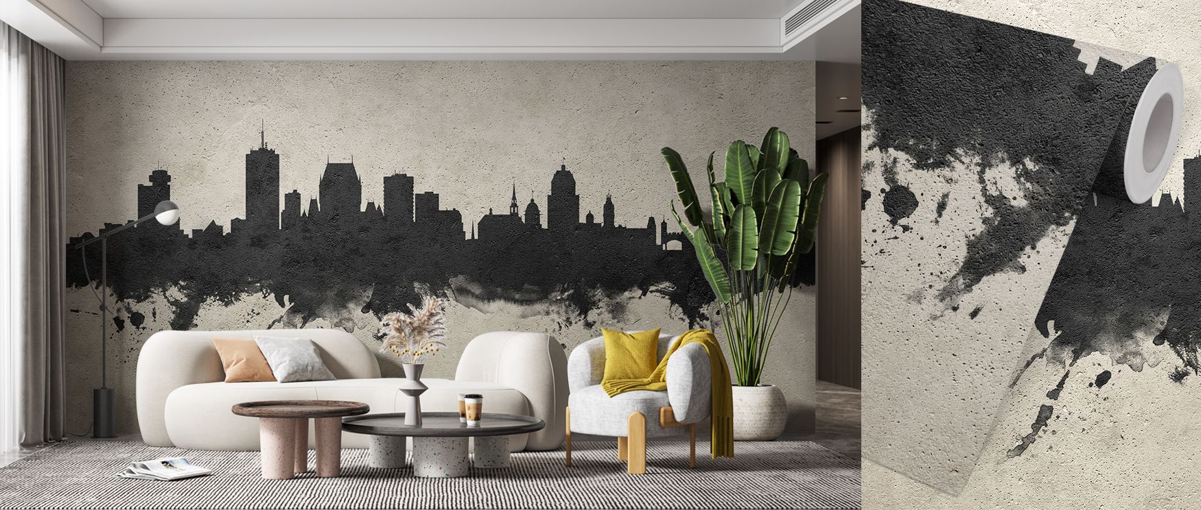 Architectural strength radiates from the Quebec Canada Skyline Concrete Wallpaper, its palette of concrete shades creating balance between boldness and subtlety. Dining spaces, lounges, or bedrooms glow with sophistication when enriched by this skyline mu