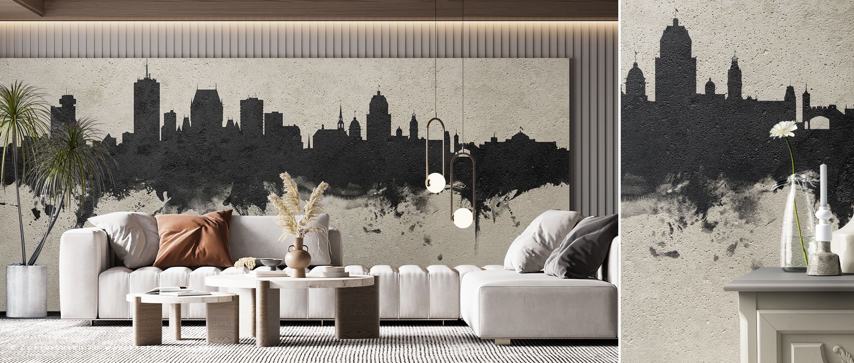 Modern clarity emerges through the Quebec Canada Skyline Concrete Wallpaper, where towers stand against gray horizons filled with structure. Interiors gain refinement, atmosphere, and rhythm, ideal for offices, living areas, or stylish dining rooms. 