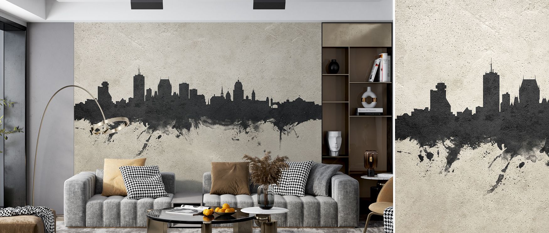 The Quebec Canada Skyline Concrete Wallpaper creates a seamless mural of architectural silhouettes, textured tones blending into versatile design. Walls transform into statements of artistry, adding depth and sophistication to bedrooms or lounges. 