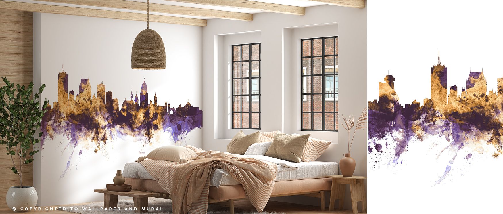 A luminous horizon shines in the Quebec Canada Skyline Purple & Gold Wallpaper, purple tones embracing golden structures with balance and depth. The mural enriches walls with grandeur, offering interiors romance, culture, and atmosphere filled with Canadi