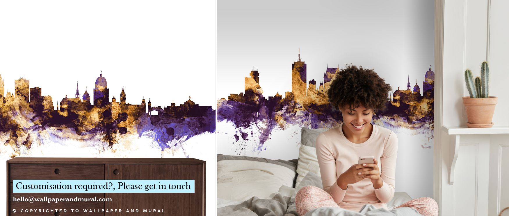 The Quebec Canada Skyline Purple & Gold Wallpaper balances richness and depth, purple tones glowing like velvet while golden accents add brilliance. The design transforms bedrooms or lounges into spaces filled with cultural grandeur and artistry. 
