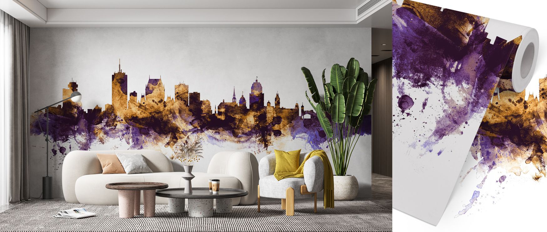 Romantic atmosphere radiates from the Quebec Canada Skyline Purple & Gold Wallpaper, towers and domes glowing with golden clarity against deep purple horizons. Interiors feel elevated with elegance, perfect for dining areas or stylish living spaces. 