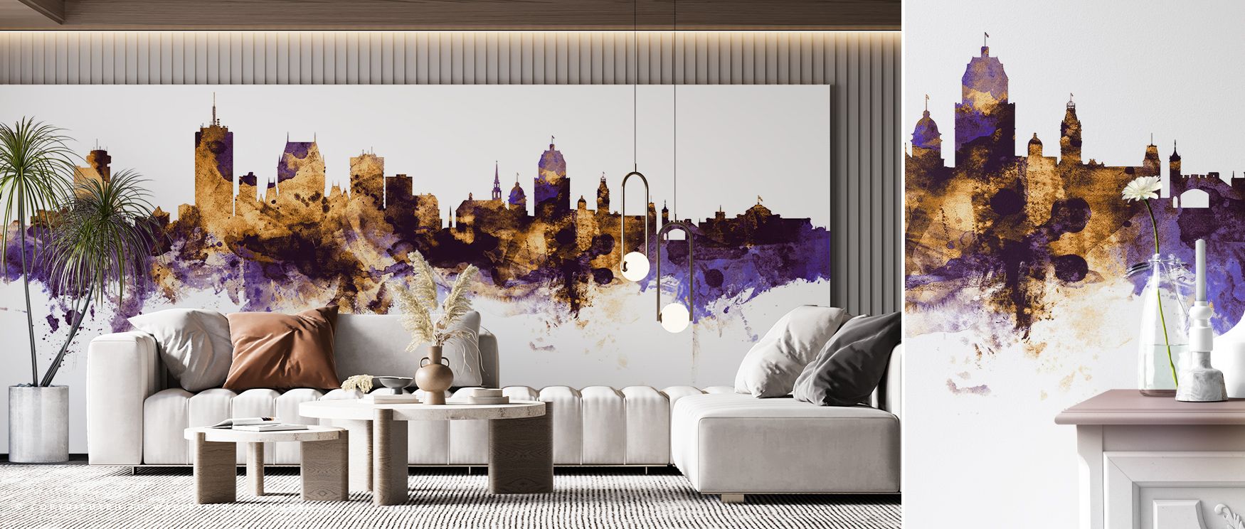 Old-world charm and modern luxury merge within the Quebec Canada Skyline Purple & Gold Wallpaper, purple and gold tones enriching interiors with atmosphere. Walls become luminous murals, ideal for bedrooms, lounges, or dining rooms filled with refinement.