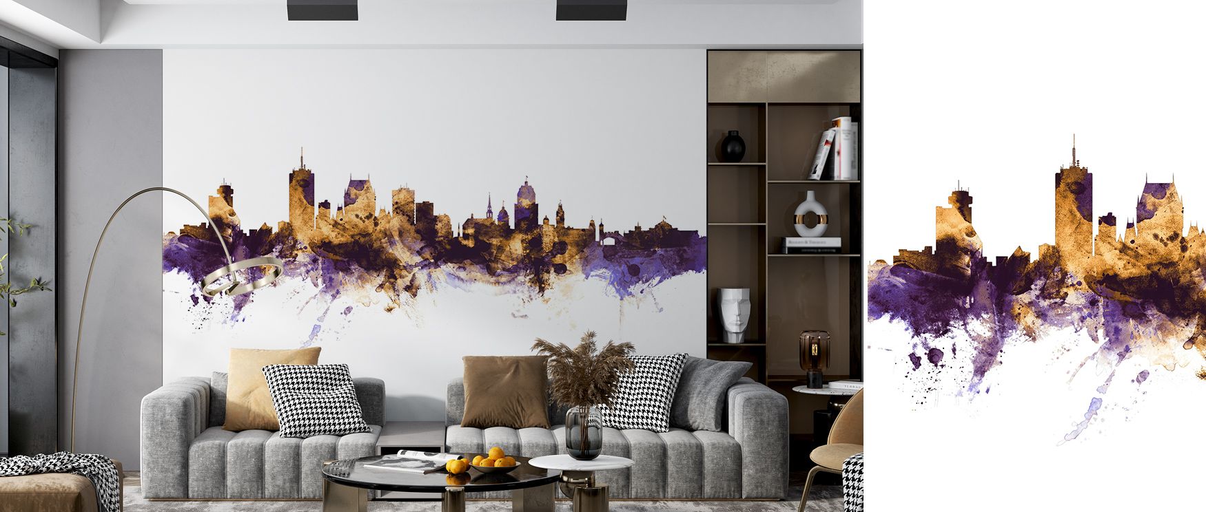 Glowing silhouettes stretch across the Quebec Canada Skyline Purple & Gold Wallpaper, purple skies alive with depth while golden towers radiate brilliance. Interiors are enriched with sophistication, creating settings of grandeur and culture. 