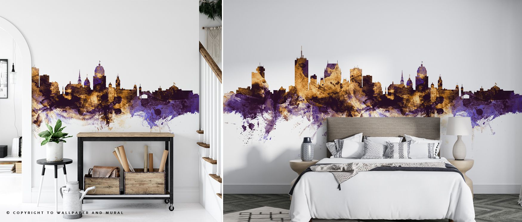 A regal composition defines the Quebec Canada Skyline Purple & Gold Wallpaper, domes and towers outlined in gold against velvety purple horizons. Interiors glow with elegance, a mural perfect for dining or lounge spaces that seek atmosphere. 