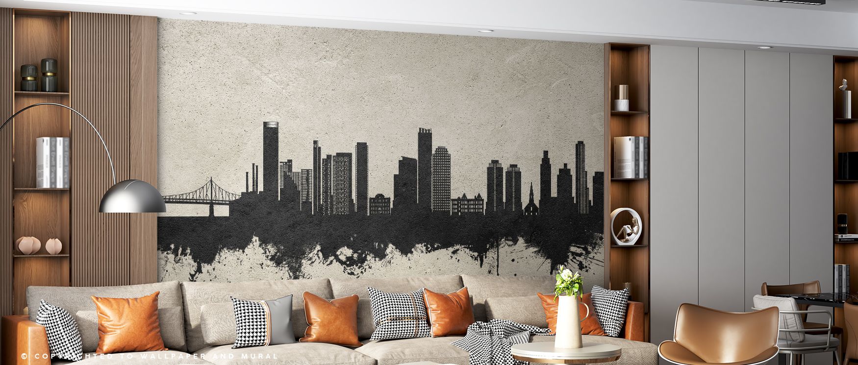 The Queens New York Skyline Concrete Wallpaper radiates architectural rhythm, its layered grays flowing with balance. Interiors become enriched with atmosphere, whether in bedrooms, lounges, or dining areas filled with modern refinement and sleek design. 