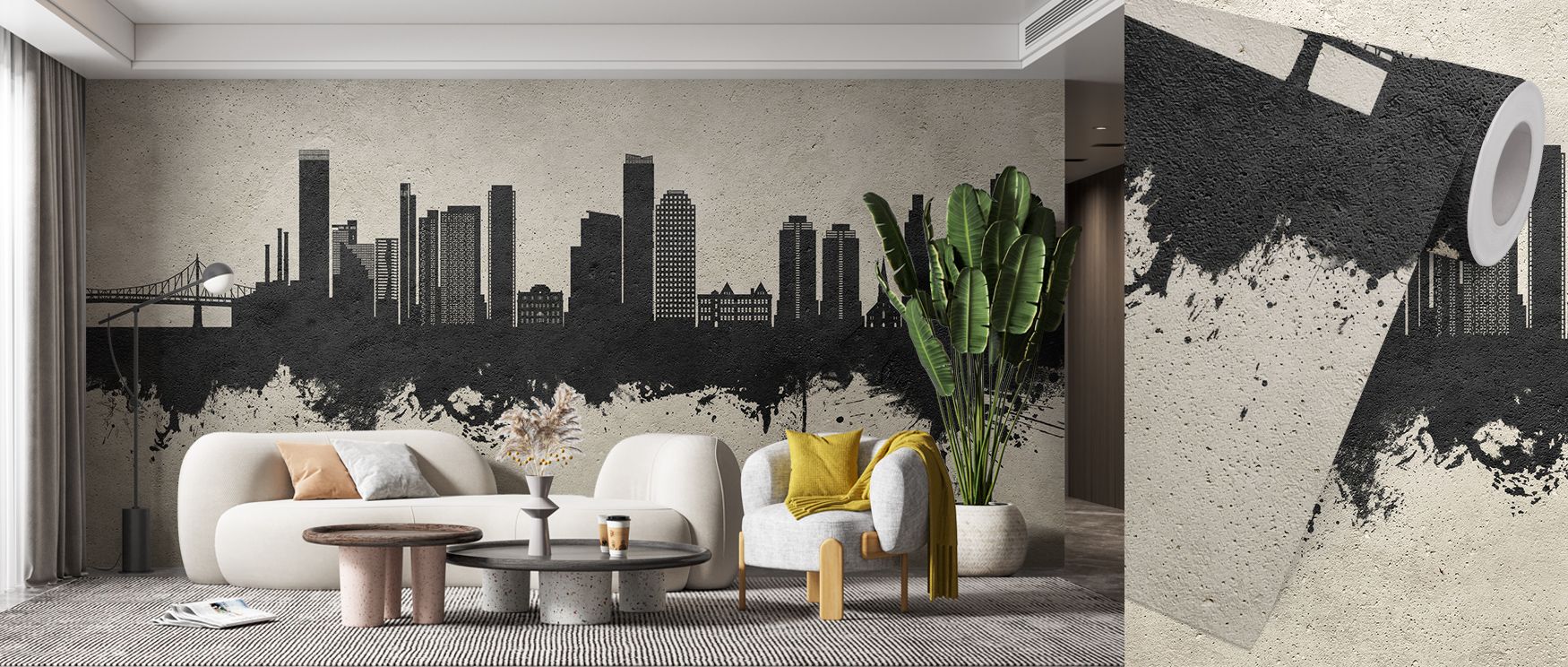 Contemporary artistry defines the Queens New York Skyline Concrete Wallpaper, muted grays carrying both depth and serenity. Interiors glow with refinement, walls transformed into luminous panoramas that enrich bedrooms or offices with modern style. 