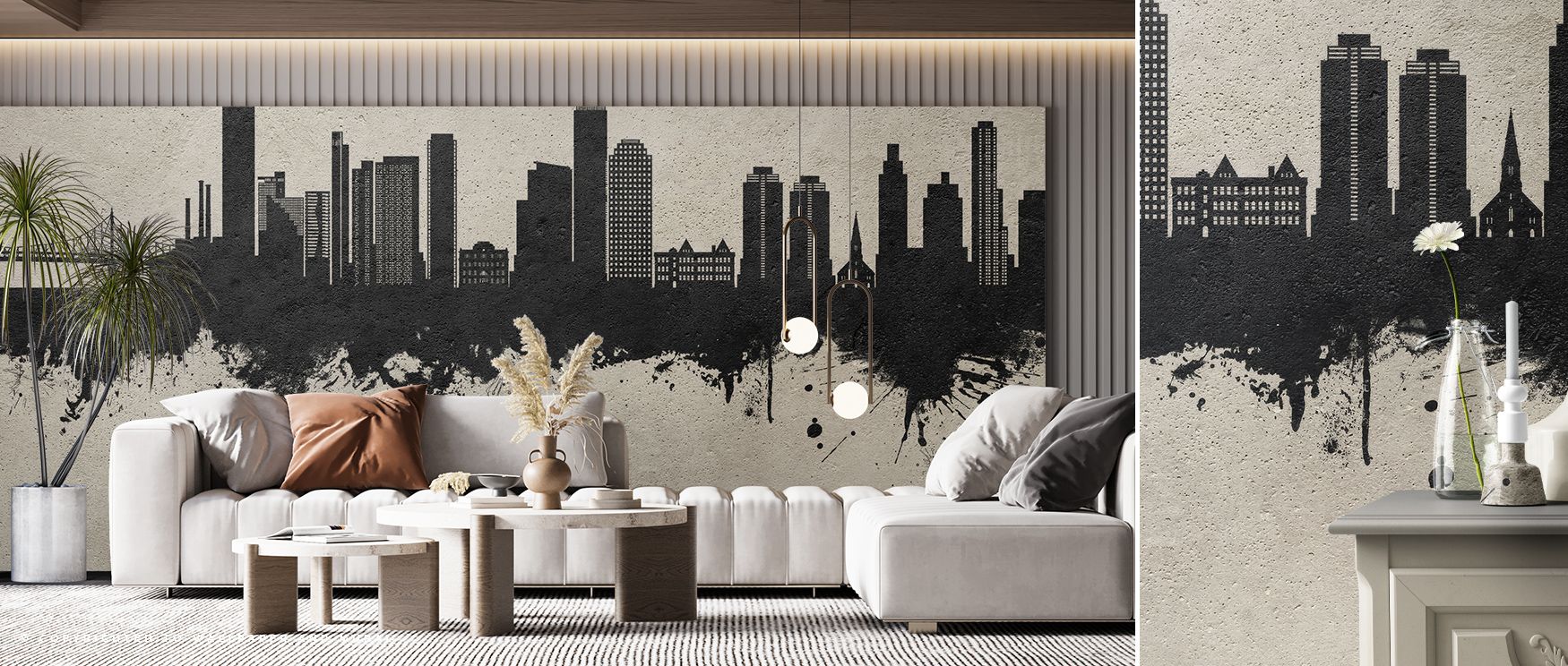 Subtle strength radiates from the Queens New York Skyline Concrete Wallpaper, architectural silhouettes flowing across walls with precision. Interiors gain atmosphere, enriched with rhythm and modern clarity, perfect for refined dining or bedroom spaces. 