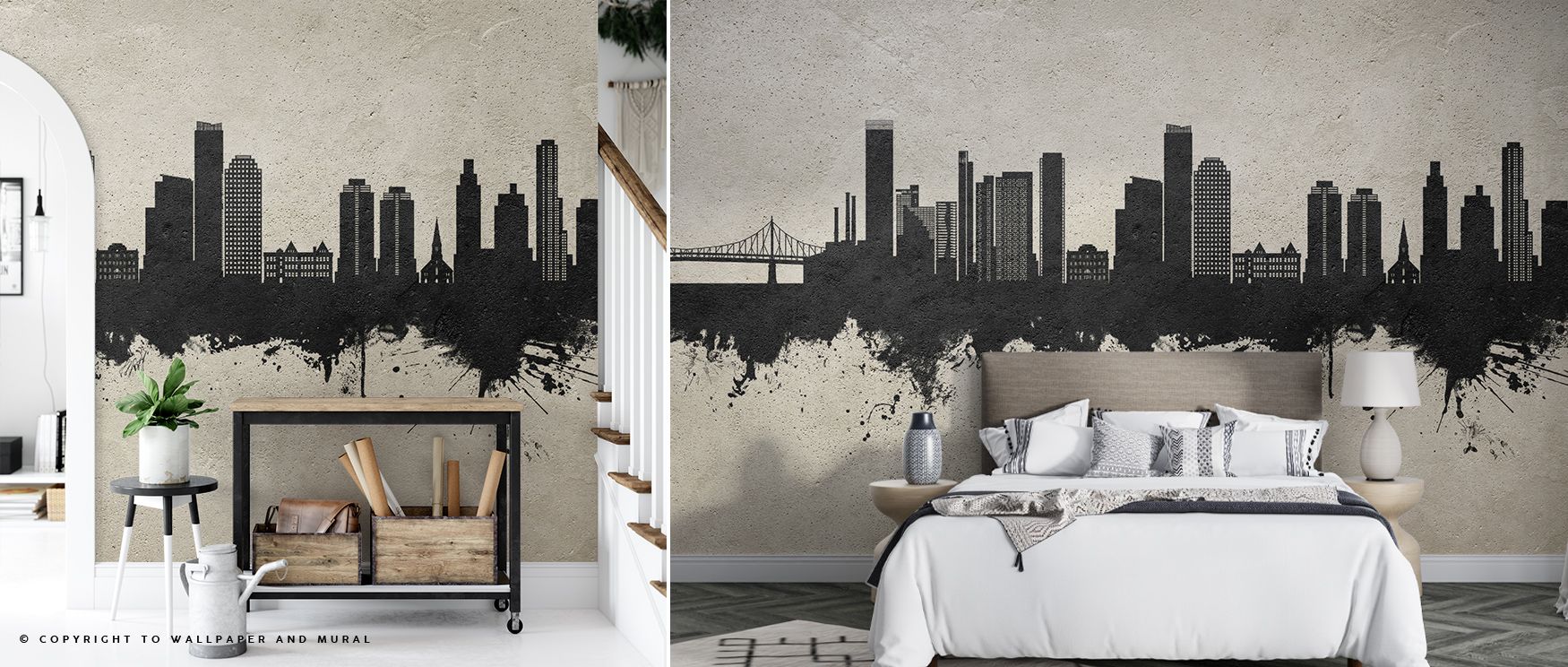 Urban rhythm unfolds within the Queens New York Skyline Concrete Wallpaper, muted layers creating balance. Interiors transform into stylish settings filled with refinement, whether in bedrooms, lounges, or dining rooms. 