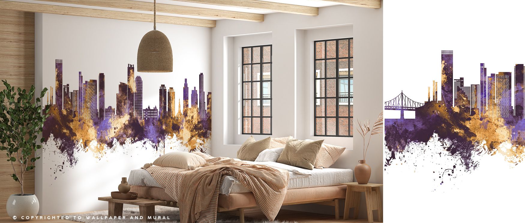 Twilight descends upon the Queens New York Skyline Purple & Gold Wallpaper, domes and towers glistening with golden clarity. Interiors transform into regal panoramas, making living rooms or dining spaces glow with culture and timeless sophistication. 