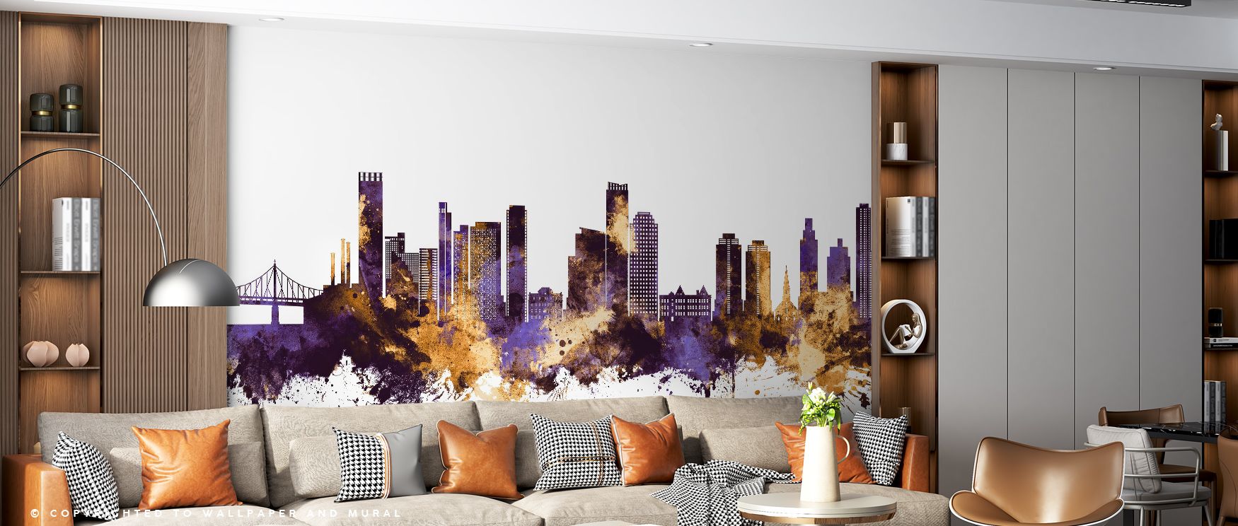 A mural of grandeur defines the Queens New York Skyline Purple & Gold Wallpaper, its regal tones balancing purple depth with golden brilliance. Interiors glow with richness, atmosphere radiating through bedrooms, lounges, or dining areas filled with sophi