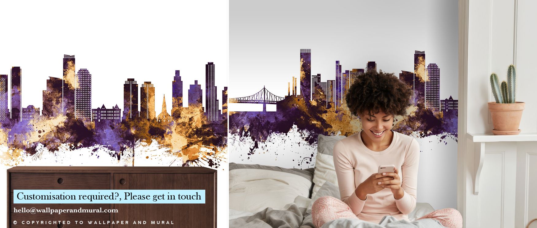 Old-world elegance merges with modern refinement in the Queens New York Skyline Purple & Gold Wallpaper, purple shadows embracing golden highlights. Interiors shine with timeless atmosphere, turning dining spaces or living rooms into radiant expressions o