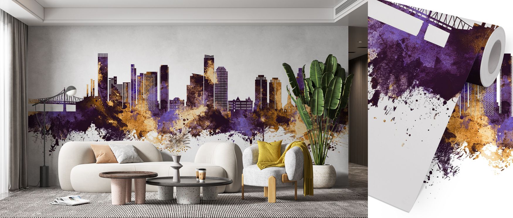 Radiant silhouettes rise in the Queens New York Skyline Purple & Gold Wallpaper, purple skies glowing with luminous clarity. Interiors become enriched with atmosphere, making bedrooms or lounges sanctuaries of refinement and cultural pride. 
