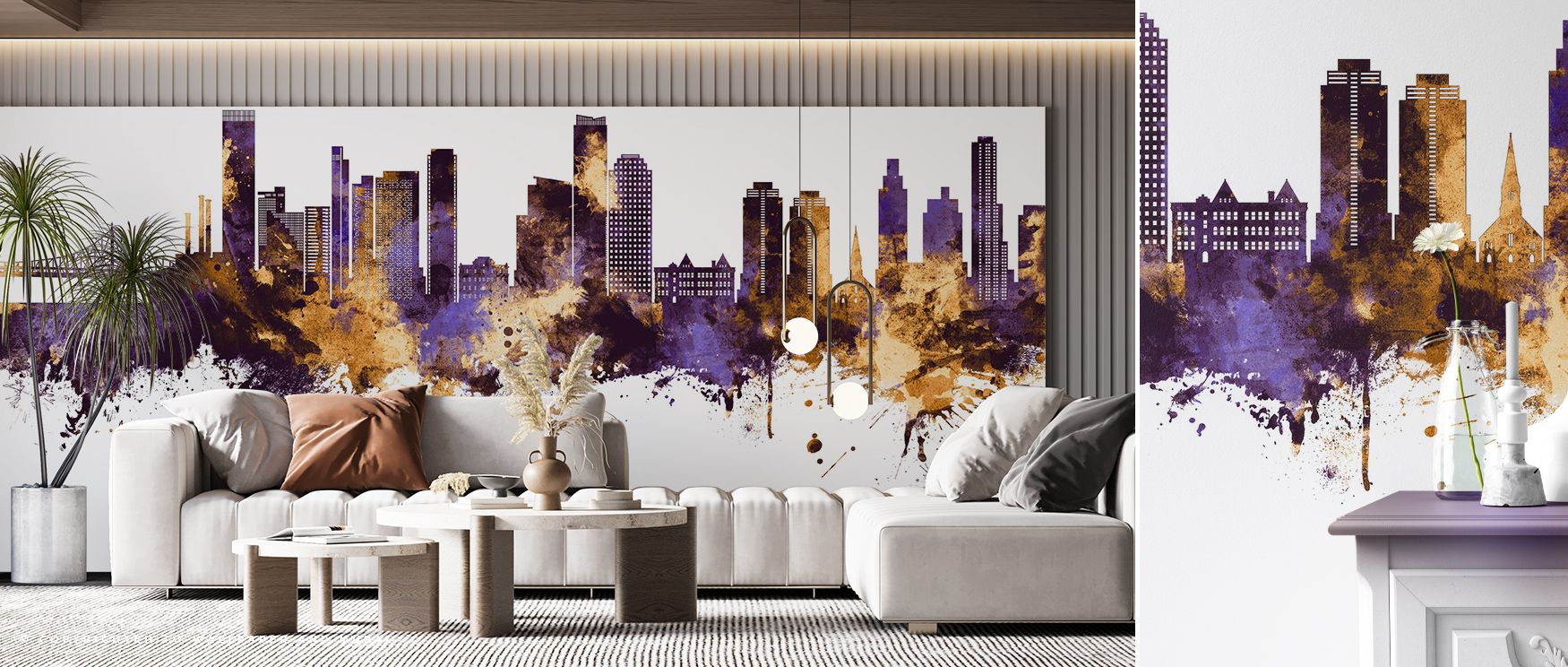 The Queens New York Skyline Purple & Gold Wallpaper radiates sophistication, golden tones shimmering against velvety purple horizons. Dining areas, bedrooms, or lounges gain atmosphere, walls transformed into murals of grandeur and timeless beauty. 