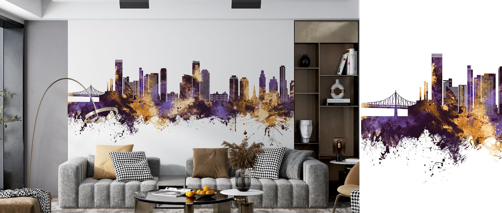 Regal tones illuminate the Queens New York Skyline Purple & Gold Wallpaper, purple depths glowing while golden towers glisten with brilliance. Interiors gain refinement and atmosphere, enriched with sophistication that enhances living or dining spaces. 