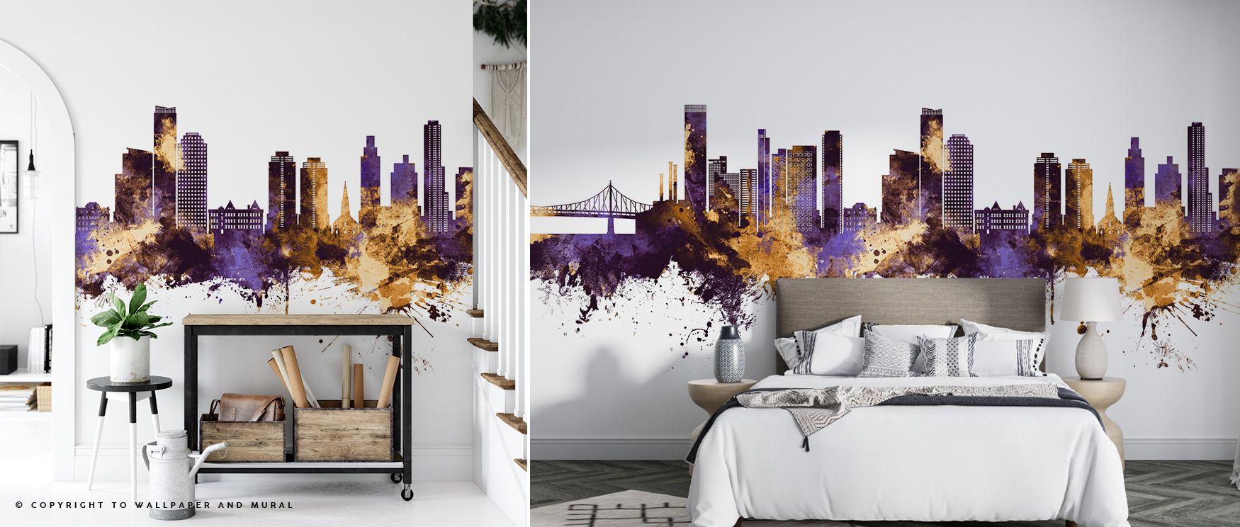 Elegance shines through the Queens New York Skyline Purple & Gold Wallpaper, golden towers glowing against deep purple horizons. Interiors transform into timeless expressions of heritage and refinement, perfect for bedrooms, lounges, or dining rooms. 