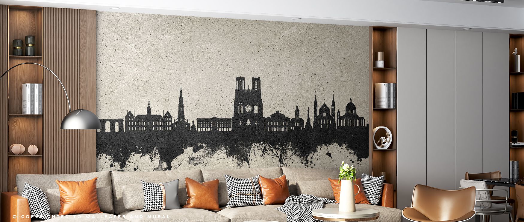 Textured grey backdrops flow through the Reims France Skyline Concrete Wallpaper, etched lines rise with subtle charm, balancing strength and serenity across walls, enriching interiors with refined atmosphere that enhances offices, bedrooms, or modern liv