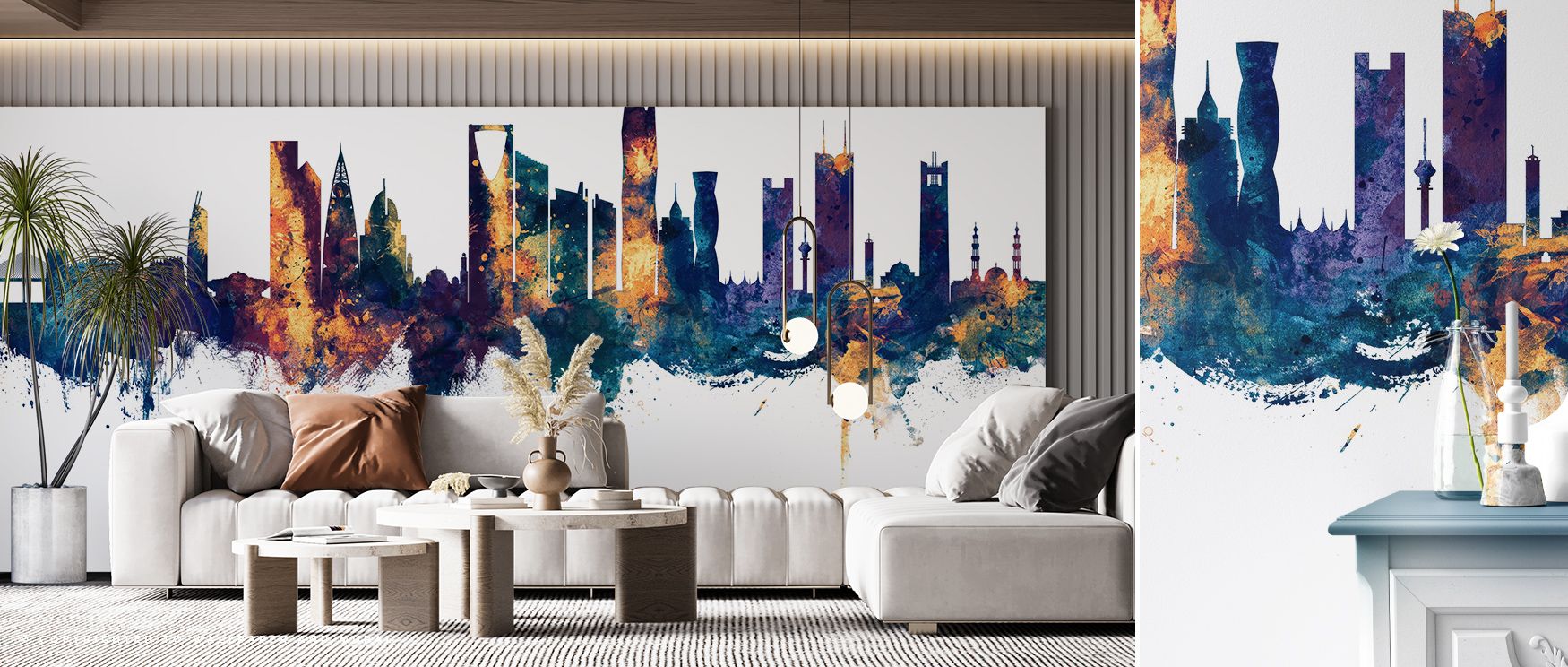 The Riyadh Saudi Arabia Skyline Blue & Bronze Wallpaper layers tones of bronze and blue, forming balance across skyline silhouettes that enrich interiors with calm strength, surrounding walls with refined elegance that fills bedrooms, living areas, or hal