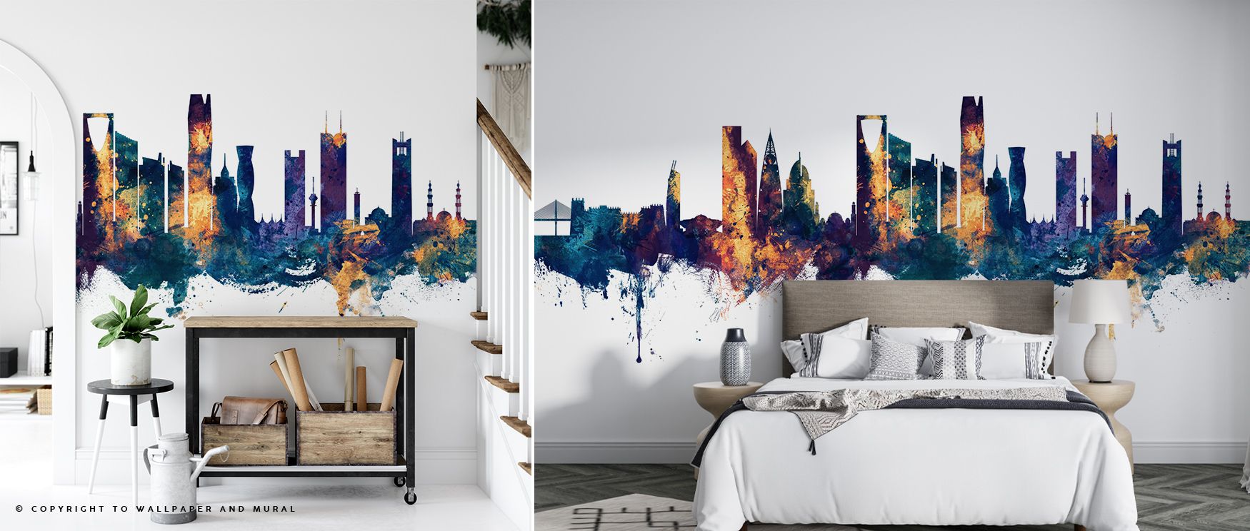 Architectural lines define the Riyadh Saudi Arabia Skyline Blue & Bronze Wallpaper, rich blue tones merging with bronze highlights, offering interiors balance that inspires calm and artistry, enriching walls in bedrooms, living rooms, or hallways with tim