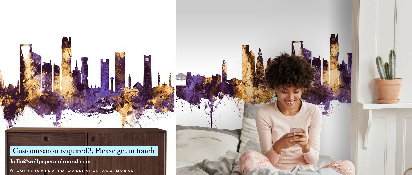 The Riyadh Saudi Arabia Skyline Purple & Gold Wallpaper reflects architectural elegance through opulent tones, golden highlights balancing deep purples, surrounding interiors with luxurious calm, enriching walls in bedrooms, hallways, or living areas with
